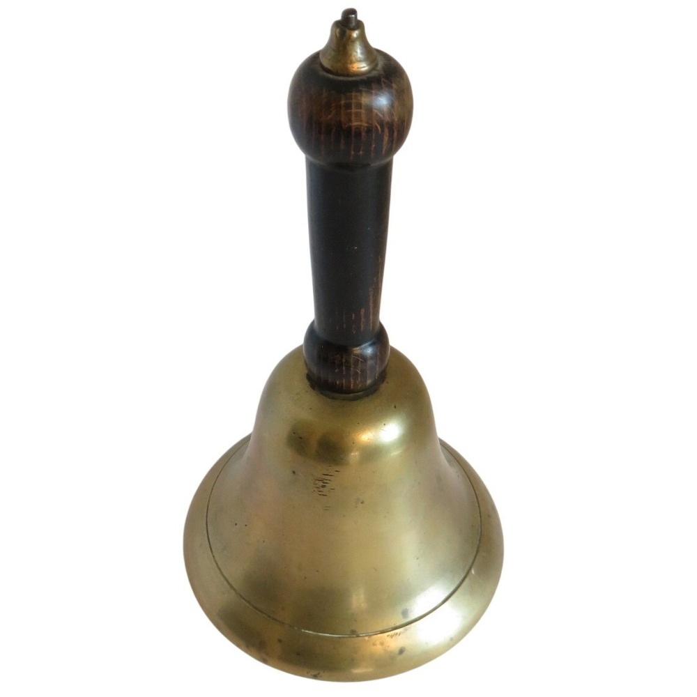 Vintage Mid-Century Large Heavy Solid Brass School Teacher Bell Wooden Handle 9" - Picture 2 of 5
